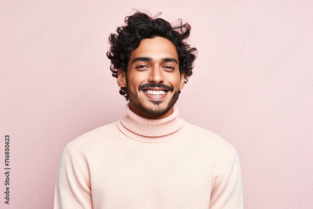 Portrait of a joyful indian man in his 20s wearing a classic turtleneck sweater against a solid pastel color wall. AI Generation Portrait of a joyful indian man in his 20s wearing a classic turtleneck sweater against a solid pastel color wall. AI Generation