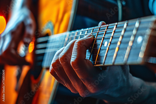 The hands of a man playing the acoustic guitar close-up photo