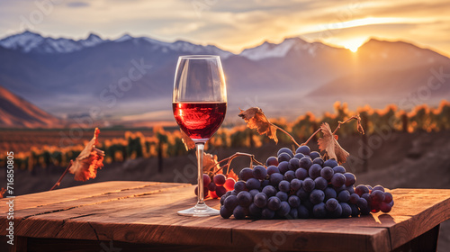 Landscape of the Andes mountain range at sunset with glass of red wine and grapes