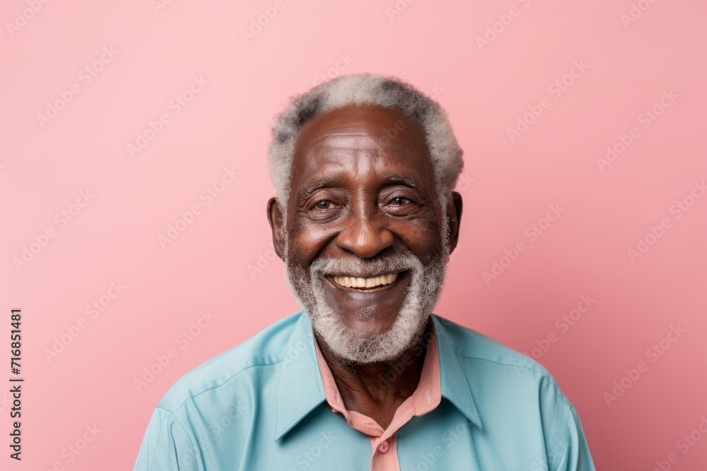 Portrait of a happy afro-american elderly 100 years old man wearing a rugged jean vest against a solid pastel color wall. AI Generation Portrait of a happy afro-american elderly 100 years old man wearing a rugged jean vest against a solid pastel color wall. AI Generation