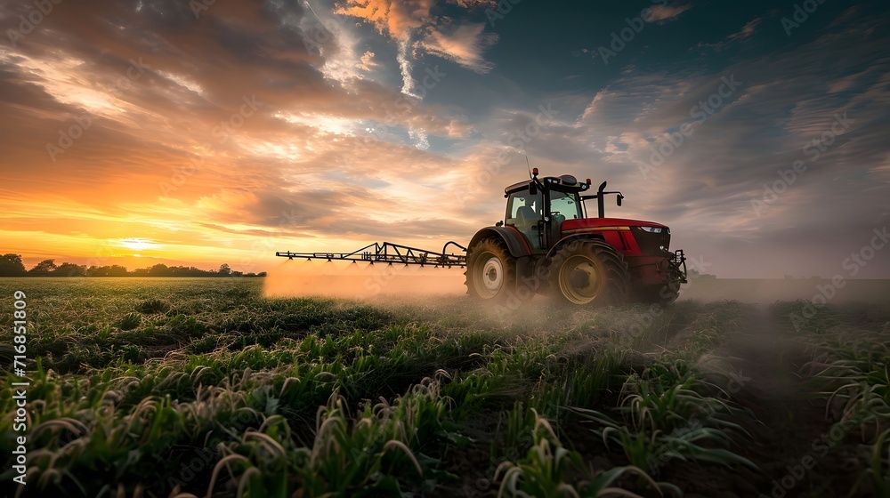 Fototapeta premium tractor in field, tractor is spraying pesticide on a field at sunset or dawn with a dramatic sky in the background