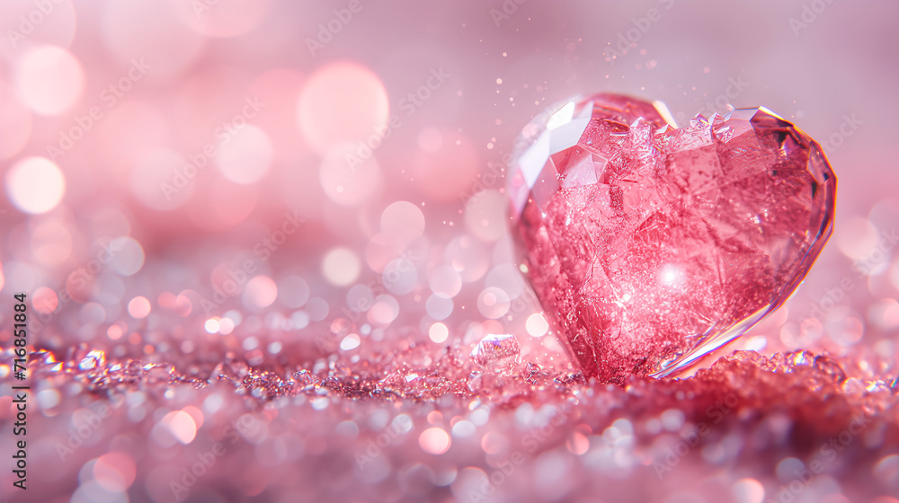 Creamy pink 3D heart with bokeh background. Romantic Valentine's Day shiny crystal heart background