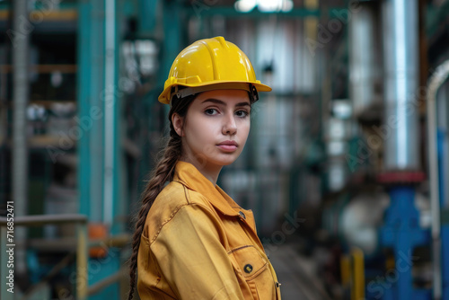 Portrait of Industry maintenance engineer woman wearing uniform and safety hard hat on factory station