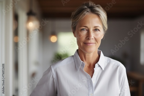 Portrait of a blissful woman in her 50s wearing a simple cotton shirt against a scandinavian-style interior background. AI Generation