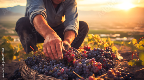 farmer's hands harvest grapes from the plant as the sunset falls photo