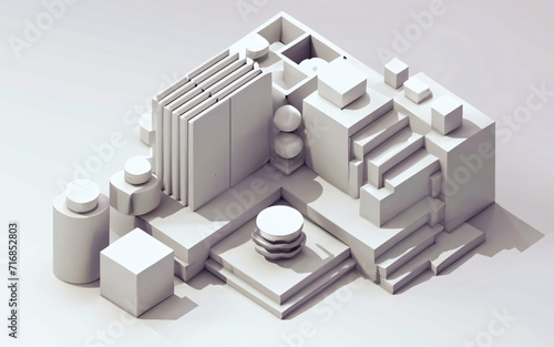 Abstract white geometric composition, white background, 3d design render