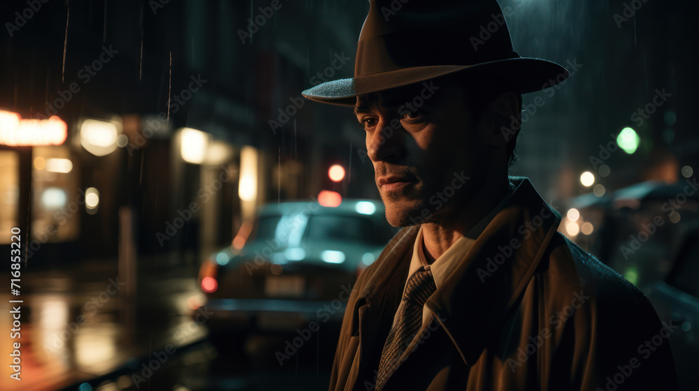 A spy in the street at night. Generative AI A spy in the street at night. Generative AI