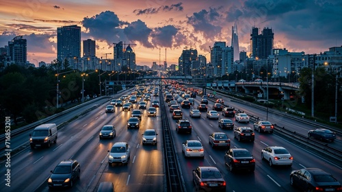 perspective sur une autoroute qui entre dans une ville moderne aux heures de pointe avec un trafic routier important photo