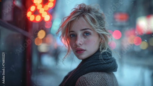 jeune femme blonde se tournant vers la caméra, derrière une vitre mouillée par la pluie donnant sur la rue et ses lumières floues