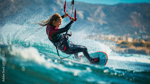 femme sportive faisant du kitesurf en mer près de la côte photo