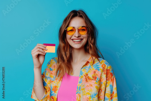 Portrait of pretty girl wear stylish shirt holding credit card isolated on blue color background photo