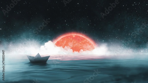 A 3d rendered picture of a paper boat floating on a sea water during the end of world, the sun is sinking and drowning in the water after sunset and turning off. origami ship on ocean at space night. photo