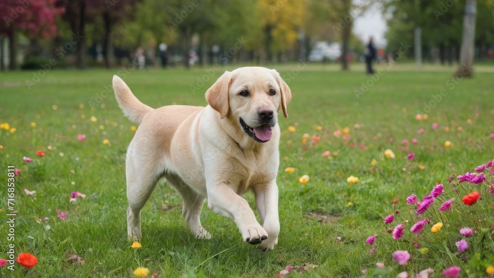 Yellow labrador retriever dog in flower field Yellow labrador retriever dog in flower field