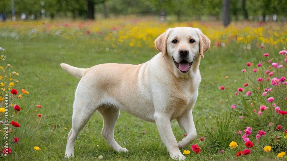 Yellow labrador retriever dog in flower field