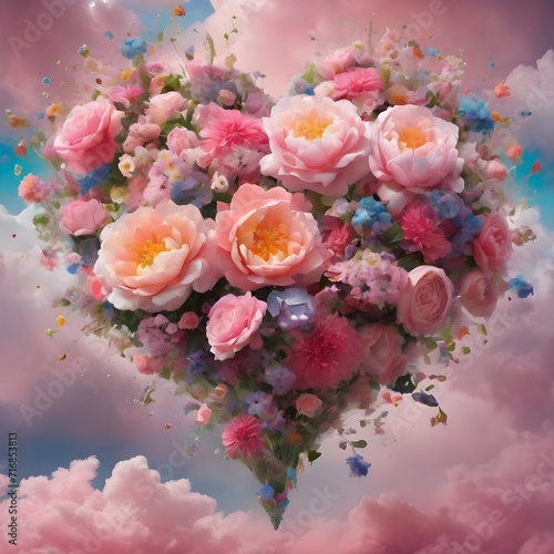 Template collage generative ai surreal bouquet shape love heart pink flowers sympathy wedding decoration isolated over clouds background