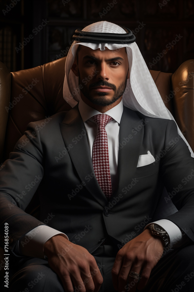 Arab male business portrait, eye catching and elegant, sitting in an armchair. AI Generative Arab male business portrait, eye catching and elegant, sitting in an armchair. AI Generative