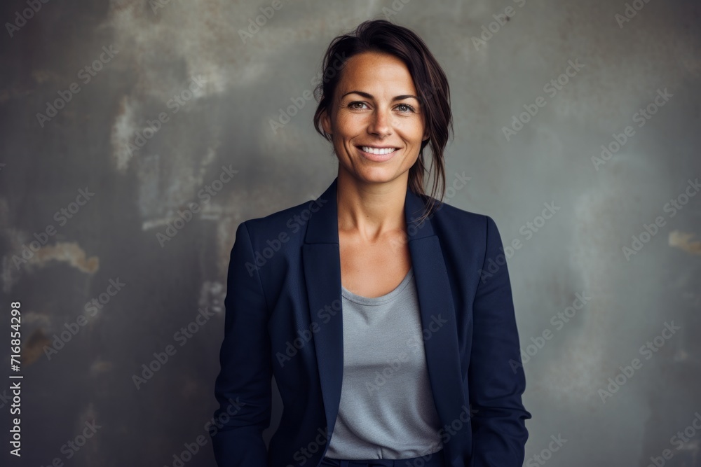 Portrait of a tender woman in her 40s wearing a sporty polo shirt against a bare concrete or plaster wall. AI Generation Portrait of a tender woman in her 40s wearing a sporty polo shirt against a bare concrete or plaster wall. AI Generation