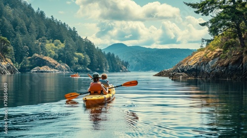 friends riding kayaks on a beautiful lake with beautiful mountains during the day in high resolution and quality