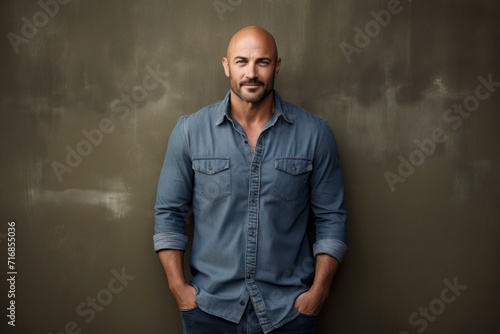 Portrait of a content man in his 40s sporting a versatile denim shirt against a bare concrete or plaster wall. AI Generation