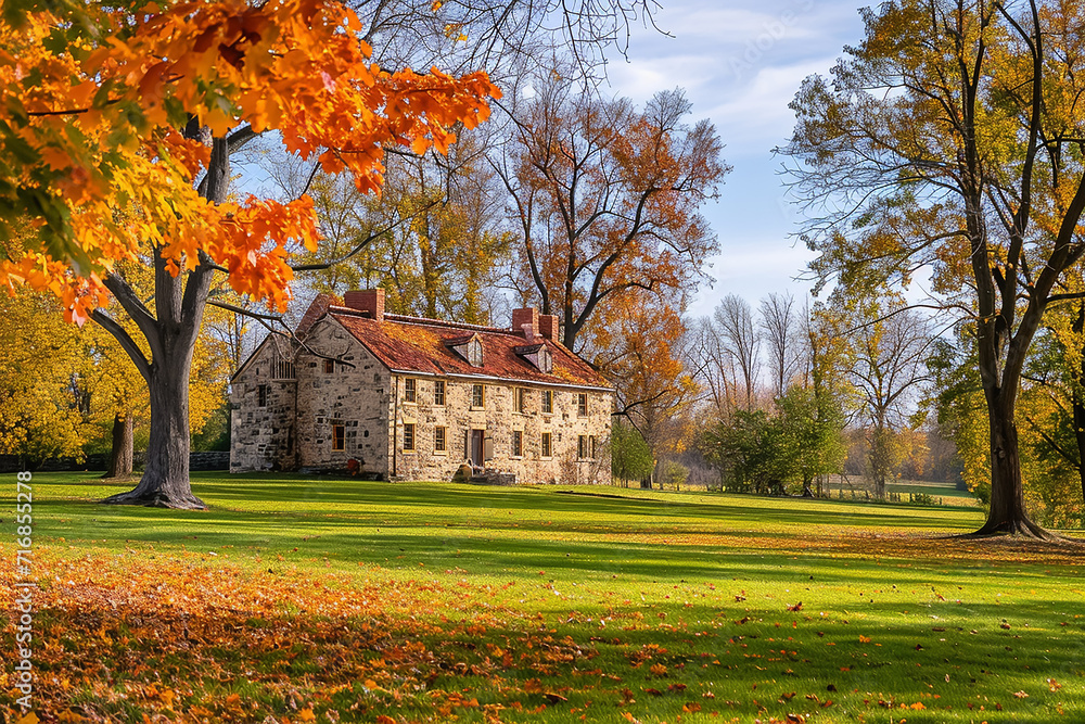 Old fort house with autumnal trees and a green field on a sunny day 