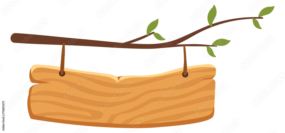 Wooden board hanging from tree branch. Signboard template
