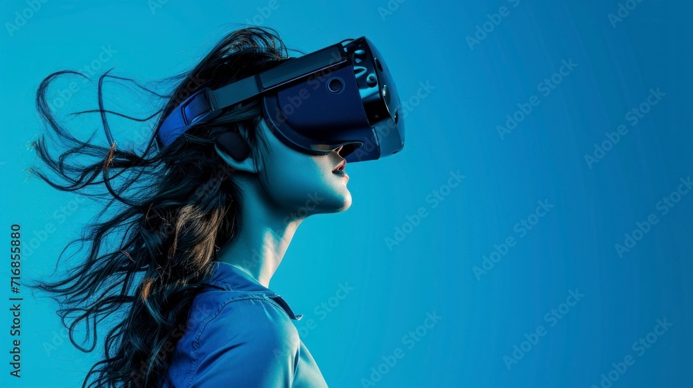 beautiful woman with virtual reality glasses on light blue background in high resolution and quality. virtual reality concept, futuristic beautiful woman with virtual reality glasses on light blue background in high resolution and quality. virtual reality concept, futuristic