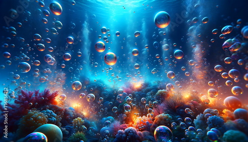 a visually captivating scene filled with vibrant bubbles reflecting the colors of the rainbow. The image should illustrate the whimsical background.