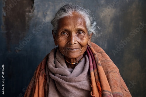 Portrait of a happy indian elderly woman in her 90s dressed in a warm wool sweater against a bare concrete or plaster wall. AI Generation