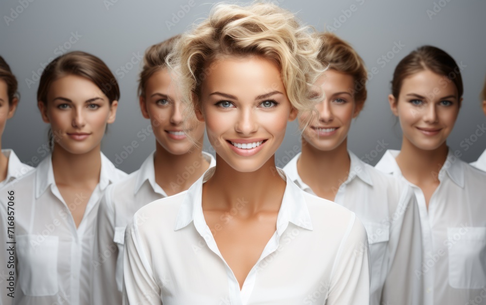 Group portrait of a female collective in white shirts with the leader Group portrait of a female collective in white shirts with the leader