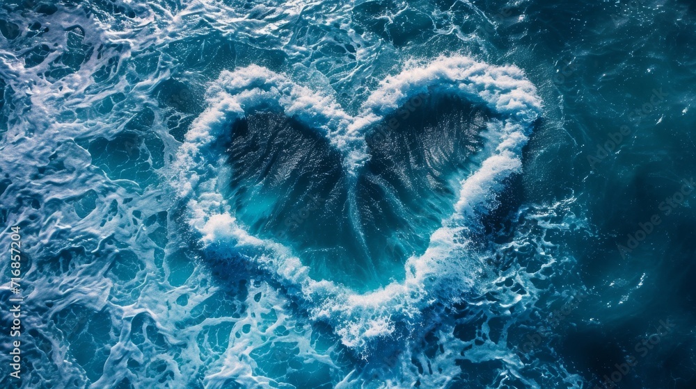 Top view of ocean waves forming a heart shape background
