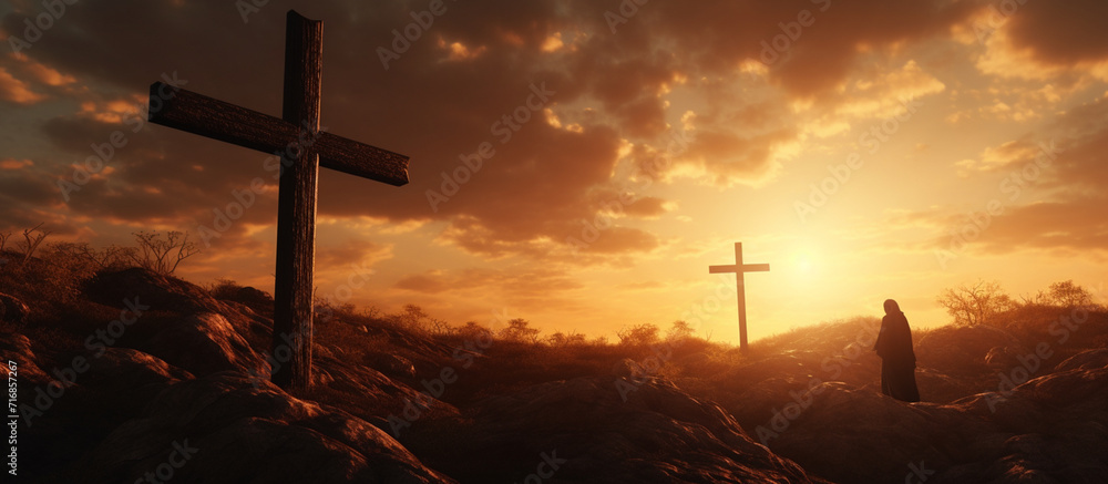 Protestant catholic christian cross religion symbol on beautiful sunset or sunrise garden landscape.  - obrazy, fototapety, plakaty 