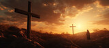 Protestant catholic christian cross religion symbol on beautiful sunset or sunrise garden landscape. 