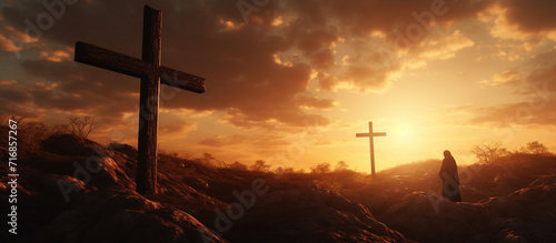 Protestant catholic christian cross religion symbol on beautiful sunset or sunrise garden landscape. 