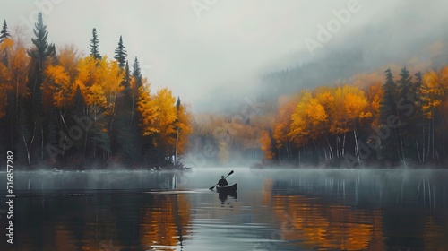 mist on the river, a person in a canoe on a lake surrounded by trees with yellow leaves on them and a foggy sky