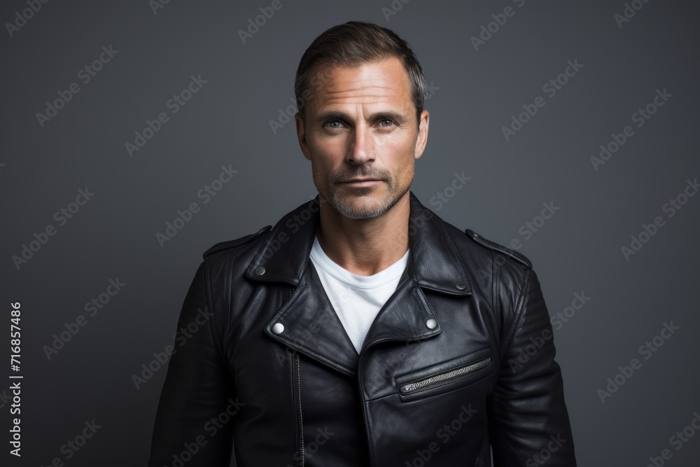 Portrait of a blissful man in his 40s sporting a classic leather jacket against a blank studio backdrop. AI Generation Portrait of a blissful man in his 40s sporting a classic leather jacket against a blank studio backdrop. AI Generation