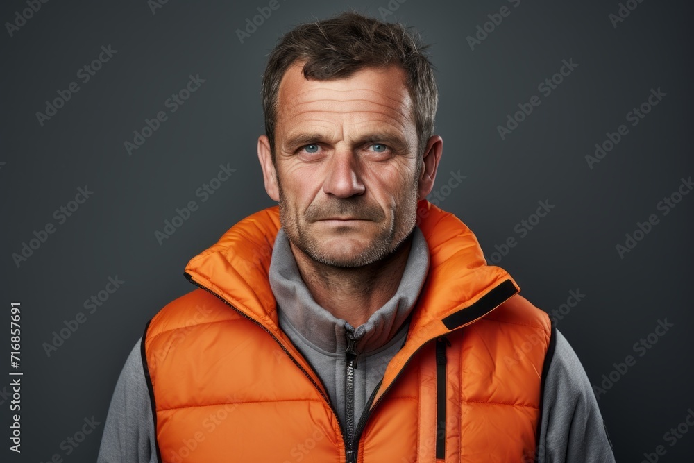 Fototapeta premium Portrait of a satisfied man in his 40s dressed in a thermal insulation vest against a blank studio backdrop. AI Generation