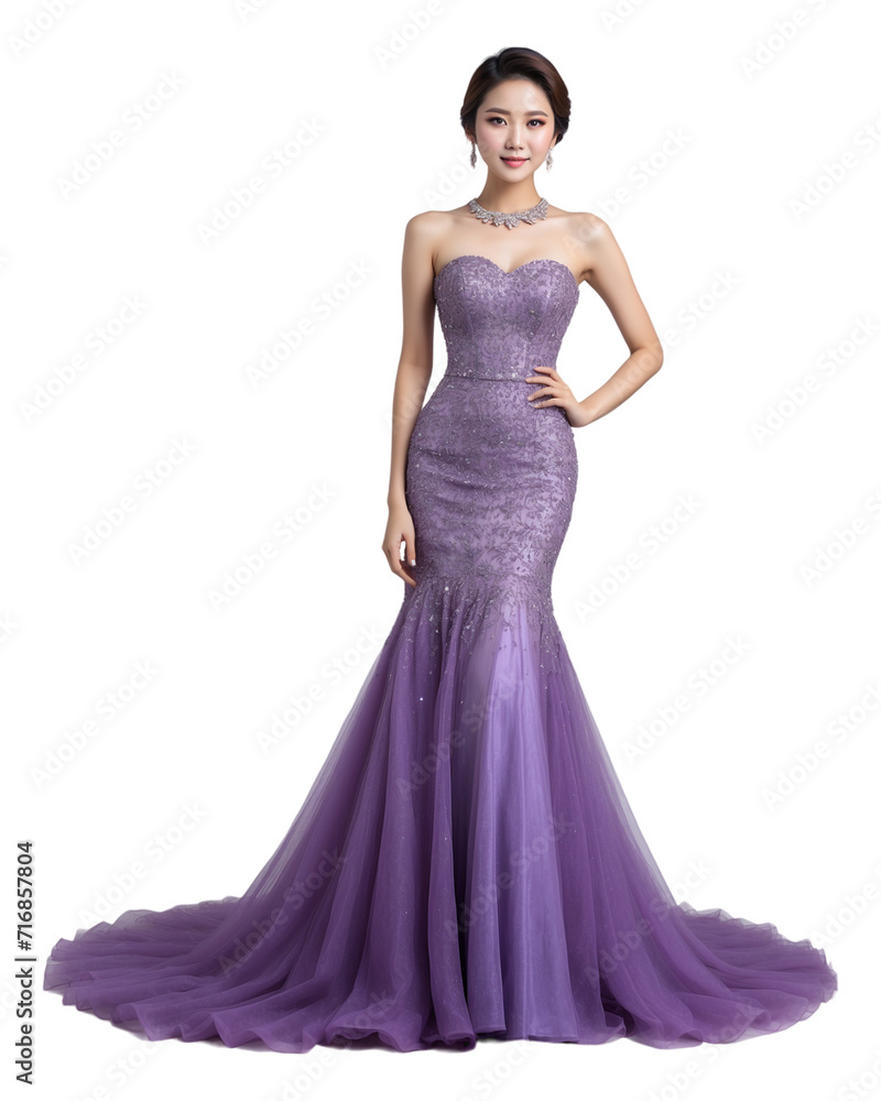 woman in violet prom dress, posture  in catwalk like a profeionaal modelling