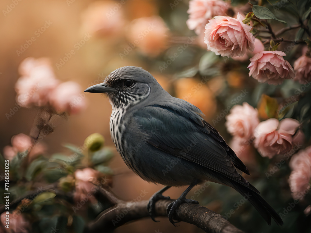 Fototapeta premium Tiny Blackbird Rests in a Springtime Wonderland, Pink Blooms Paint the Sky with Joy