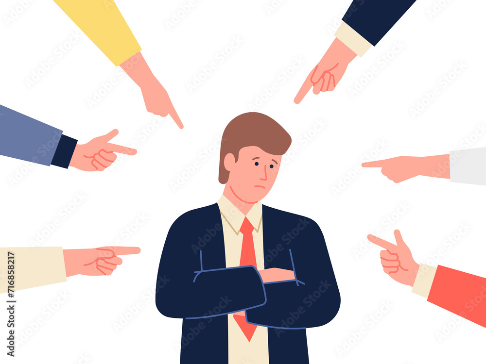 Sad businessman with pointing fingers. Accusing guilt icon Sad businessman with pointing fingers. Accusing guilt icon