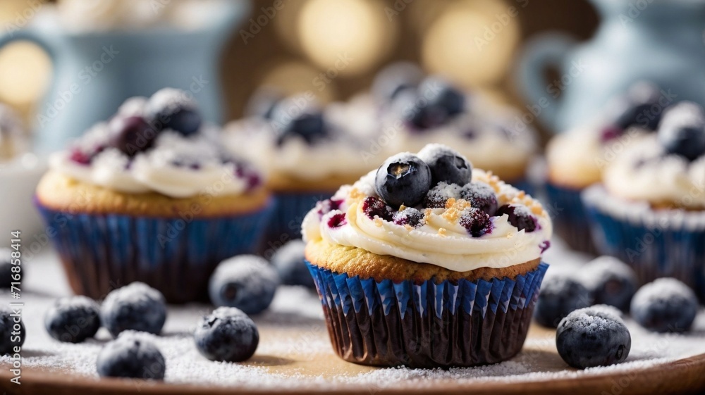 blueberry muffins with blueberries and mint