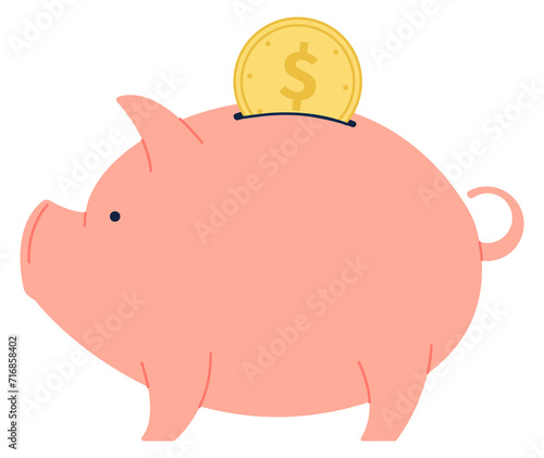 Money pig with golden coin. Savings color icon