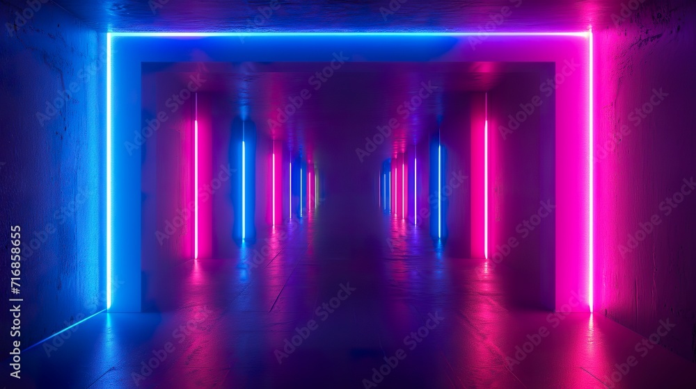 Abstract background of a hallway lit in blue and violet neon light. Empty space of ultraviolet light in 80s retro style. Abstract background of a hallway lit in blue and violet neon light. Empty space of ultraviolet light in 80s retro style.