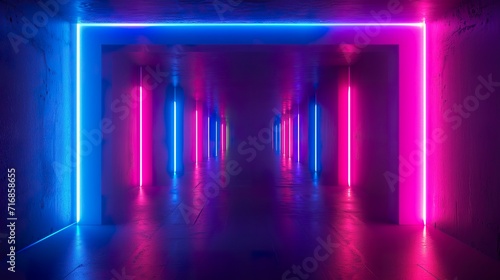 Abstract background of a hallway lit in blue and violet neon light. Empty space of ultraviolet light in 80s retro style. photo