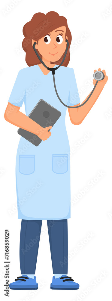 Smiling doctor. Woman in white coat working with stethoscope Smiling doctor. Woman in white coat working with stethoscope