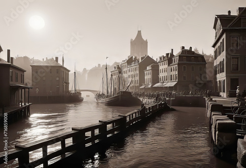 Vintage black and white (sepia) photograph of the old town of the 19th century with fog and smoke, streets in the old town, Old photograph,