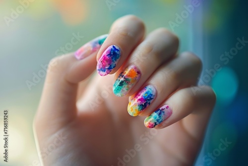 Woman's hand with watercolor nail art, blending hues in a fluid, artistic manner
