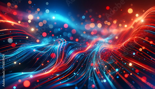 Vászonkép abstract background with red blue glowing neon lines and bokeh lights
