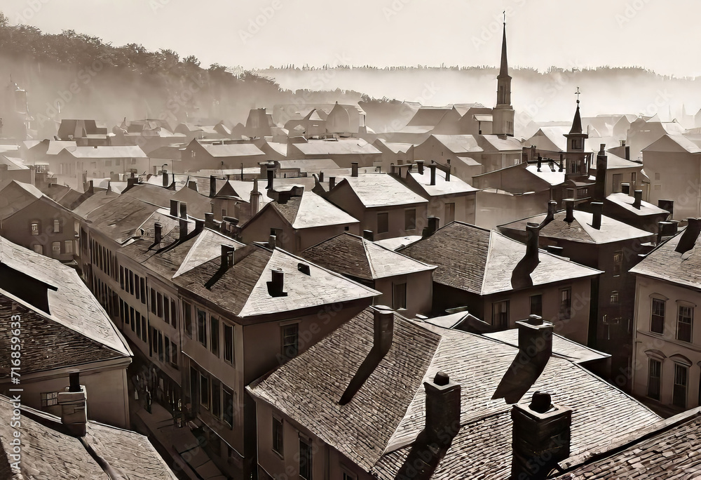 Naklejka premium Vintage black and white (sepia) photograph of the old town of the 19th century with fog and smoke, streets in the old town, Old photograph,