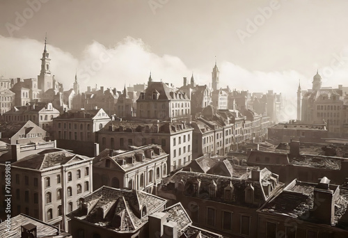 Vintage black and white (sepia) photograph of the old town of the 19th century with fog and smoke, streets in the old town, Old photograph, © Perecciv
