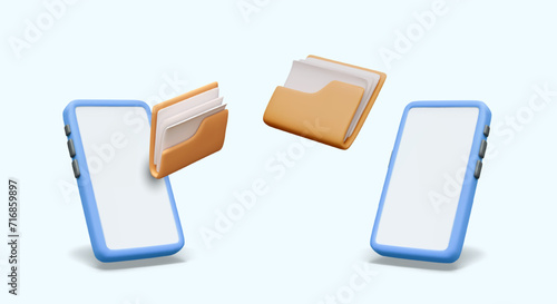 Smartphones send files online. Sharing information via Internet